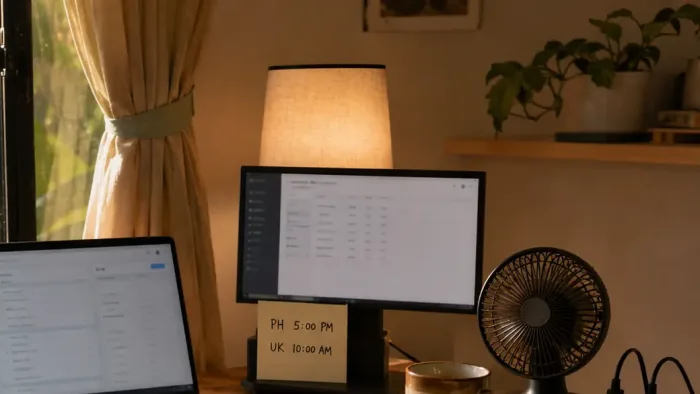 A note propped against a monitor reading PH 5:00 PM, UK 10:00 AM.
