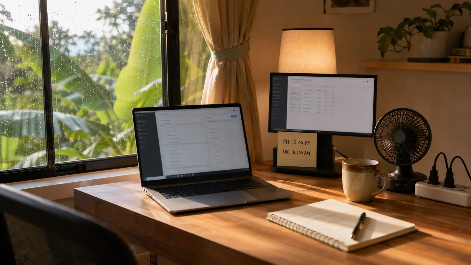 A home desk set up for UK-hours support work: a laptop and monitor, a desk fan, a mug and a note reading PH 5:00 PM, UK 10:00 AM.
